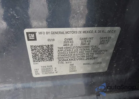 2019 Chevrolet Equinox Lt z USA, uszkodzony, nr VIN 3GNAXKEV0KL264087